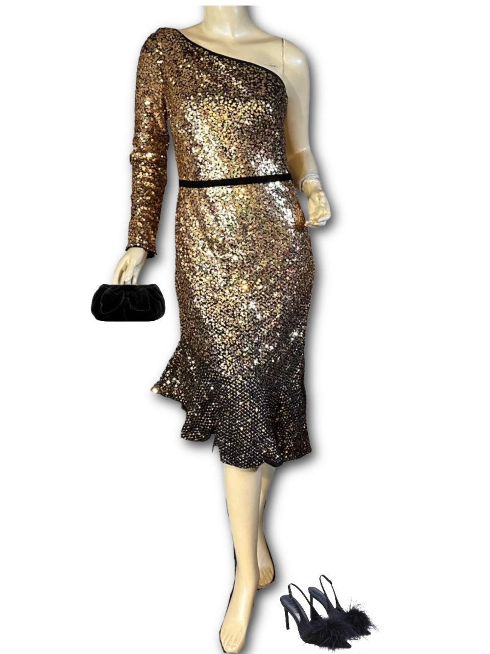 MARCHESA NOTTE GOLD AND BLACK SEQUIN SINGLE SLEEVE COCKTAIL DRESS (10)